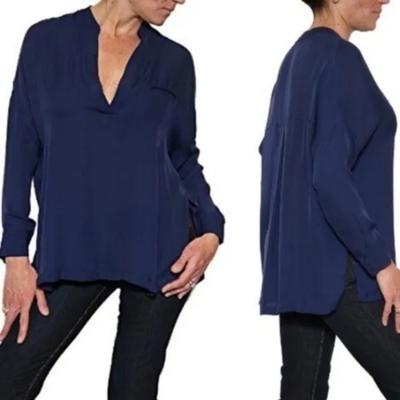 Vince. Women's Sz S Long Sleeve Silk Pocket Front Blouse Slit Sides Oversized - Picture 7 of 7